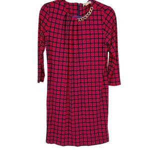 Michael Kors Mod Geometric Grid Print Shift Dress Red Black Chain Neckline Small